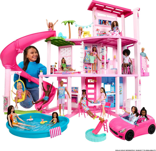 Doll House Playset with 75+ Pieces Including Toy Furniture & 3-Story Pool Slide